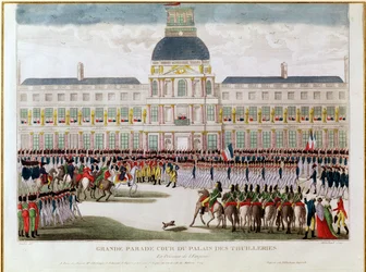 Desfile en el patio del Palais des Tuileries en presencia del Emperador, grabado por Blanchard